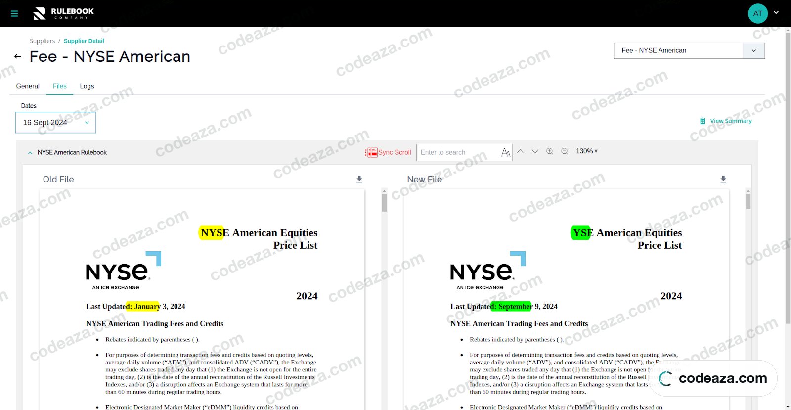 Rulebook Company comparing two versions of an NYSE American price list with changes highlighted